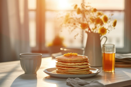 Pancakes with honey and a cup of tea on the tableの素材