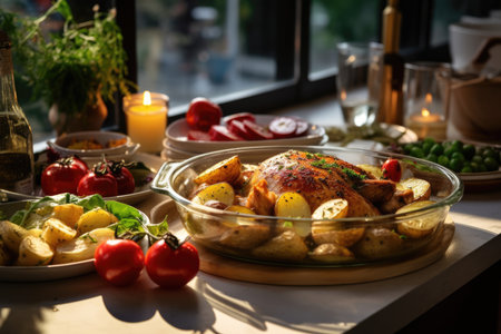 Baked chicken with potatoes and vegetables on a table.の素材