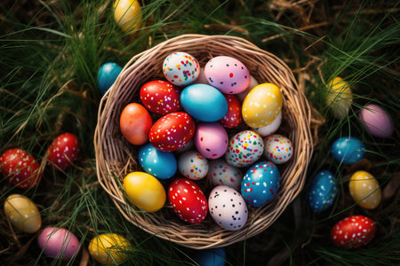 Colorful easter eggs in a basket on green grass background.の素材