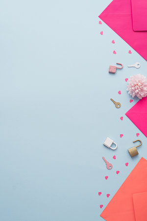 Valentines or woman's day background design. Minimal flat lay. Pastel blue copy space.の写真素材