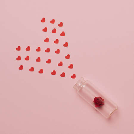 Red rosse inside miniature glass bottle. Love concept with small hearts. Valentines day background.の写真素材