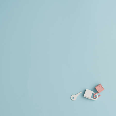 Valentines day concept. Padlocks with key on pastel background. Creative flat lay copy space.の写真素材