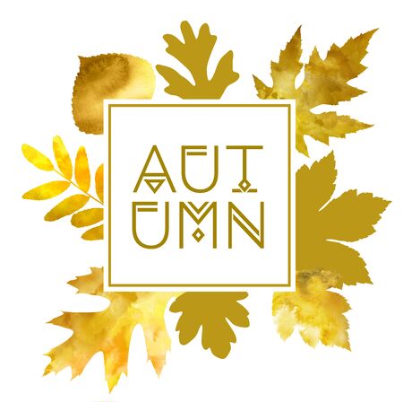 Autumn frame with lettering and watercolor golden leavesの写真素材