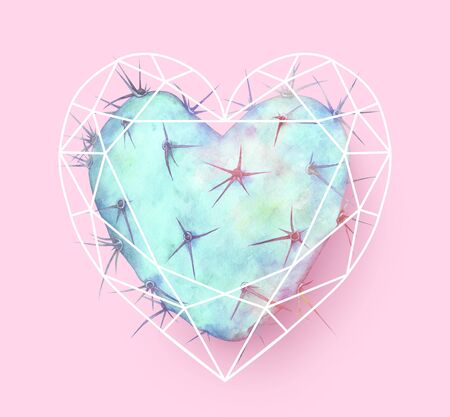Blue heart shaped cactus in polygonal heart. Watercolor hand drawn illustration.の写真素材