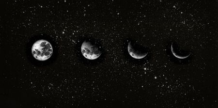 Realistic moon phases in the night sky. Watercolor hand drawn illustration.の写真素材