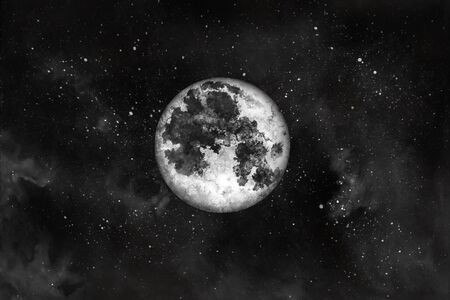 Night sky with full moon, nebula and stars. Watercolor hand drawn illustration.