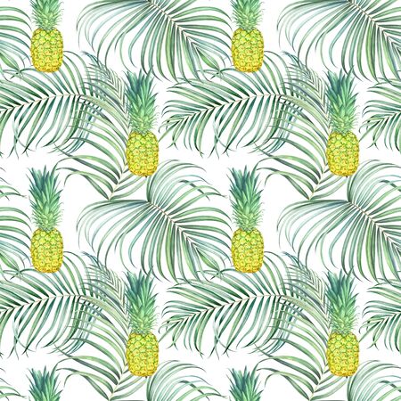 Seamless pattern with pineapples and tropical branches. Hand drawn watercolor illustration.