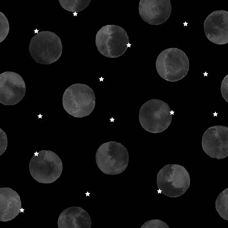 Seamless black pattern with planets, moons and stars. Hand drawn watercolor illustration.の写真素材