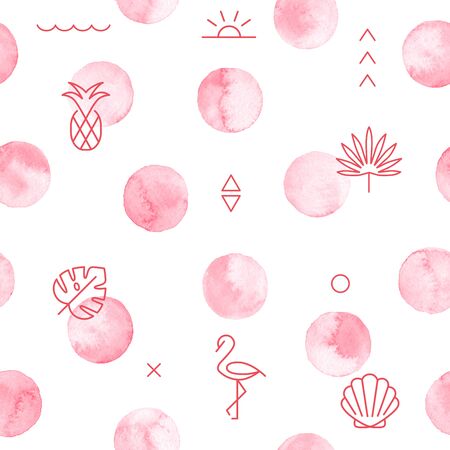 Seamless polka dot pattern with summer geometric elements isolated on white background.の写真素材