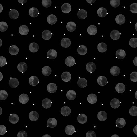 Seamless black pattern with planets, moons and stars. Hand drawn watercolor illustration.の写真素材