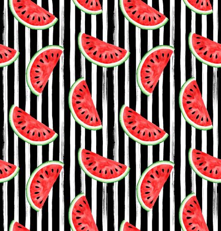 Seamless watermelon pattern on black and white striped background. Hand drawn watercolor illustration.の写真素材