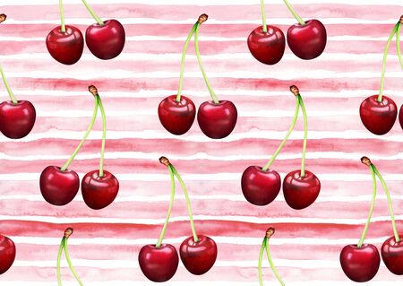 Horizontal seamless striped pattern with cherries. Hand drawn watercolor illustration.