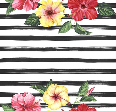 Seamless hibiscus pattern on black and white striped background. Hand drawn watercolor illustration.の写真素材