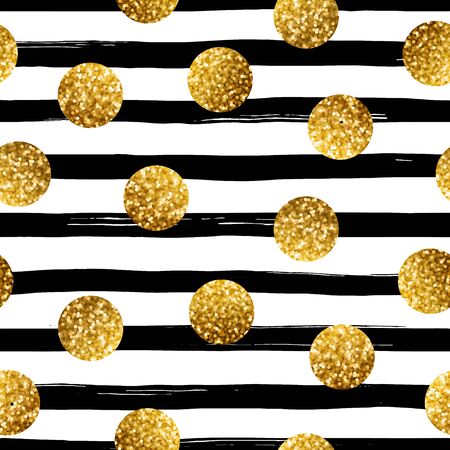 Vector seamles striped pattern with golden confetti. Hand drawn grunge striped background with gold glittering circles.のイラスト素材