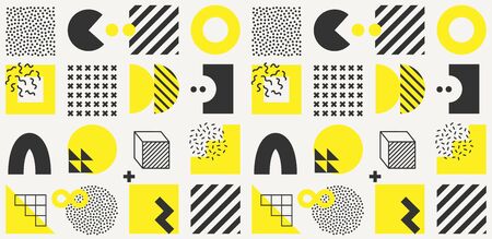 Vector minimalistic seamless pattern with bright bold geometric shapes. Hipster Memphis style. Trendy graphic elements for your unique design.のイラスト素材