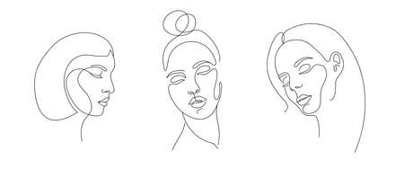 Set of stylized woman faces and hairstyles. Modern single line art. Woman beauty fashion concept, minimalistic style. Vectorのイラスト素材