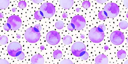 Watercolor bubbles seamless pattern. Abstract background with circles and small hand drawn dots.