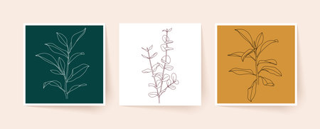 Line drawing of tropical leaves and branches. Modern single line art. Vector illustration, EPS 10.のイラスト素材