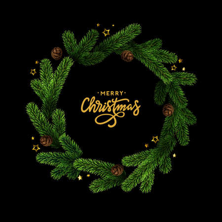 Christmas wreath of realistic pine branches decorated with gold stars and pinecones. Round frame with xmas decorate. Vector holiday background.のイラスト素材