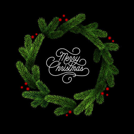 Christmas wreath of realistic pine branches and red berries. Round frame with xmas decorate. Vector holiday background.のイラスト素材
