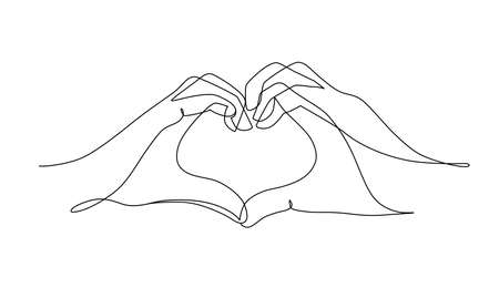 Two hands making heart sign continuous line drawing. Valentine's day vector illustration. Modern single line art.のイラスト素材