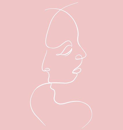 One line faces, couple man and woman. Valentine's day minimalistic vector illustration. Modern single line art.のイラスト素材