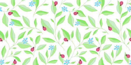 Seamless pattern with leaves, ladybugs and flowers. Cute vector floral background. Hand drawn design...