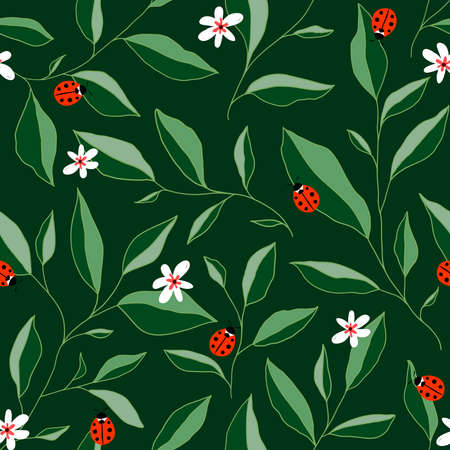 Seamless pattern with leaves, ladybugs and flowers. Cute vector floral background. Hand drawn design elements for fabric, print, cover, banner, wrapping, wallpaper.のイラスト素材