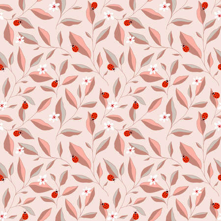 Seamless pattern with leaves, ladybugs and flowers. Cute vector floral background. Hand drawn design elements for fabric, print, cover, banner, wrapping, wallpaper.のイラスト素材