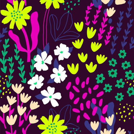 Abstract seamless pattern with hand drawn meadow flowers. fashion stylish natural background. vector illustration.のイラスト素材