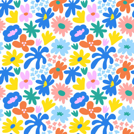 Abstract seamless pattern with cute hand drawn meadow flowers. fashion stylish natural background. Hand drawn design elements for fabric, print, cover, banner, wrapping, wallpaper.のイラスト素材