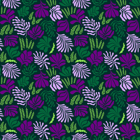Modern abstract background with leaves and flowers in Matisse style. Vector seamless pattern with Scandinavian cut out elements. Hand drawn contemporary art collage.のイラスト素材