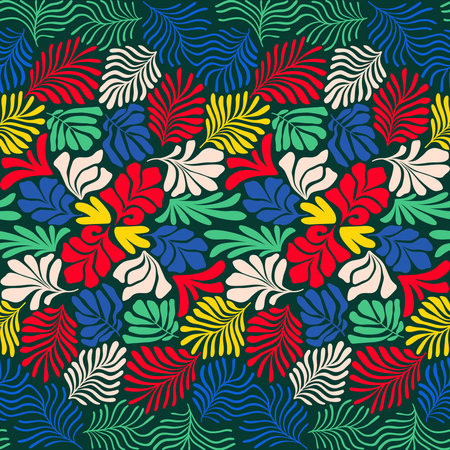 Modern abstract background with tropical palm leaves in Matisse style. Vector seamless pattern with Scandinavian cut out elements. Hand drawn contemporary art collage.のイラスト素材