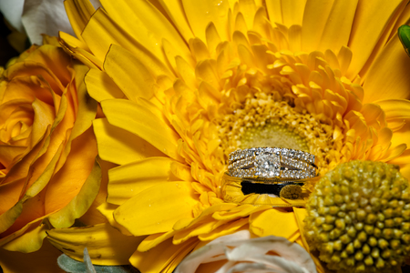 Wedding Rings Amongst the bridal floral bouquetの写真素材