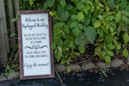 Unplugged Wooden Rustic Wedding Sign in Frameの写真素材