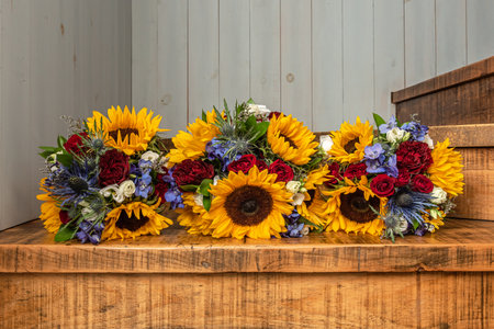 The Bride and Bridesmaids Sunflower Wedding Bouquetsの写真素材