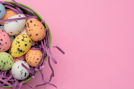 A green easter basket filled with pastel easter eggs and purple sparkly basket filler.の写真素材