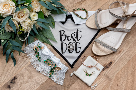 The bridal accessories for the bride's wedding day including bouquet, earings, bracelet, wedding rings, and best dog bandana.の写真素材