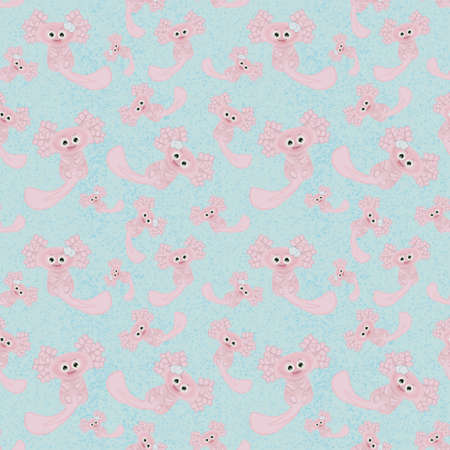Axolotl seamless pattern with big air bubbles hand drawn in turquoiseの写真素材