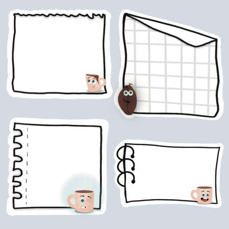 Coffee stickers as small stickers with a cute, cool and damaged cartoon character, coffee bean to fall in love withの写真素材