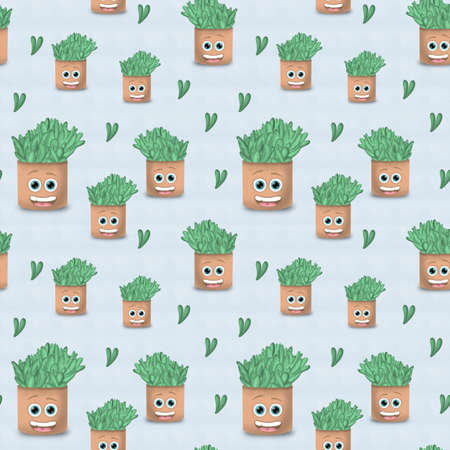 Succulents with heart cartoon with big eyes as seamless pattern, perfect for packaging, invitation cards, decorations and moreの写真素材