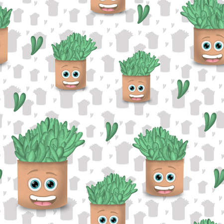 Succulent repeat pattern in green, with hearts as leaves, background in grey, with shadows, perfect for packaging, seamless patterns as paper and moreの写真素材