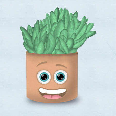 cute succulent cartoon face with big eyes and a smile with background in light blueの写真素材