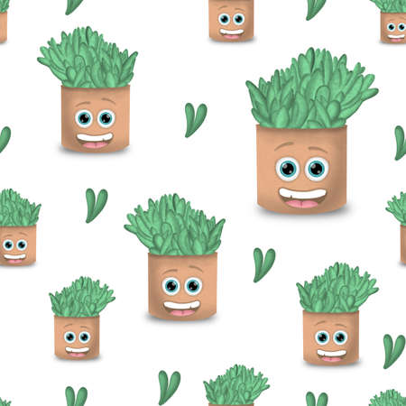 Cartoon face succulent seamless pattern design in green with white background, leaves in heart shape, useful for paper, wallpaper, flower wrapping and moreの写真素材