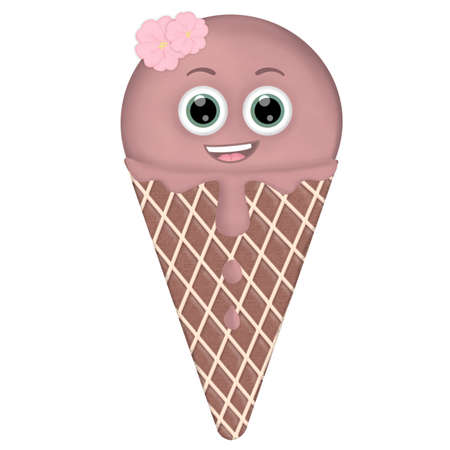 Ice cream in cone with strawberry flavor and cherry blossoms, dripping scoop in cone, cartoon character kawaii big eyesの写真素材