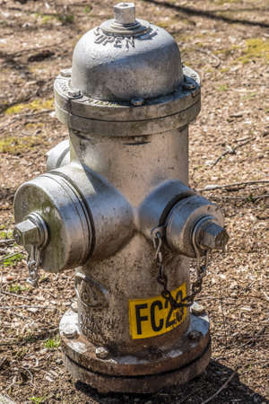 Silver fire hydrant dirty and grungy outdoors in a park unused well maintained closeupの写真素材