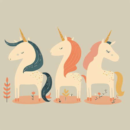 Adorable kiddy cartoon cute funny unicorn unicorns pony with horns, muzzle with faces and winking eyes color, Vector, collection, kids illustration, wallpaper, fantasy, mysticalのイラスト素材