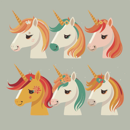 Adorable kiddy cartoon cute funny unicorn unicorns pony with horns, muzzle with faces and winking eyes color, Vector, collection, kids illustration, wallpaper, fantasy, mysticalのイラスト素材