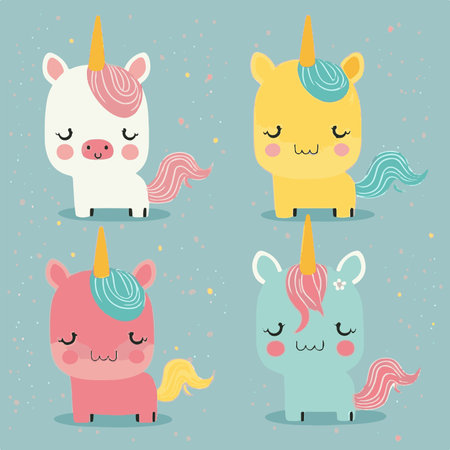 Adorable kiddy cartoon cute funny unicorn unicorns pony with horns, muzzle with faces and winking eyes color, Vector, collection, kids illustration, wallpaper, fantasy, mysticalのイラスト素材