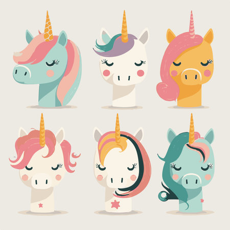 Adorable kiddy cartoon cute funny unicorn unicorns pony with horns, muzzle with faces and winking eyes color, Vector, collection, kids illustration, wallpaper, fantasy, mysticalのイラスト素材